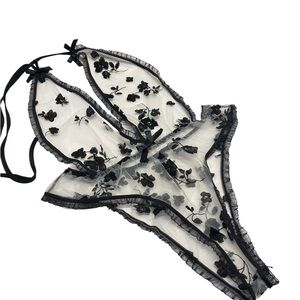 * Bodysuit nighty women’s medium Black Sheer Floral Embroidered Teddy style